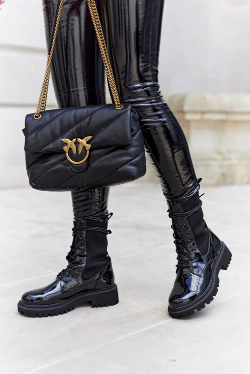 Damskie Botki Workery Lakierowane Czarne Maxine