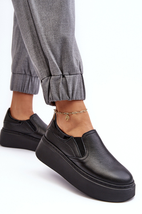 Skórzane Buty Sportowe Damskie na Platformie Czarne Lemar Manish