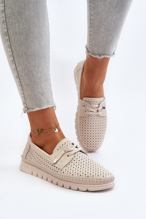 Skórzane Półbuty Damskie Ażurowe Beżowe Darnissa