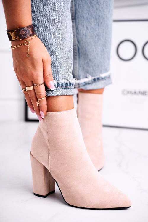 Botki Damskie na Słupku Zamszowe Beżowe Sharks