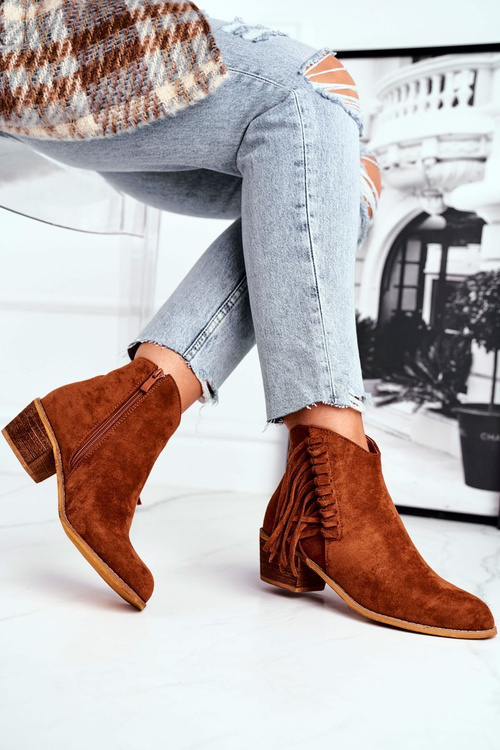 Botki Damskie Na Słupku Z Frędzlami Kowbojki Camel Mirage