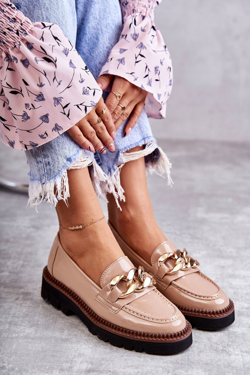 Lakierowane Półbuty Loafery Na Platformie Beżowe Reidun