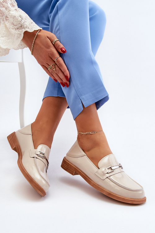 Mokasyny Damskie Lakierowane Beżowe Nurea