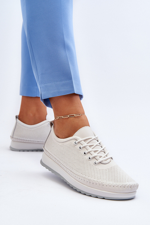 Skórzane Sportowe Buty Trampki Damskie Białe Lalnai