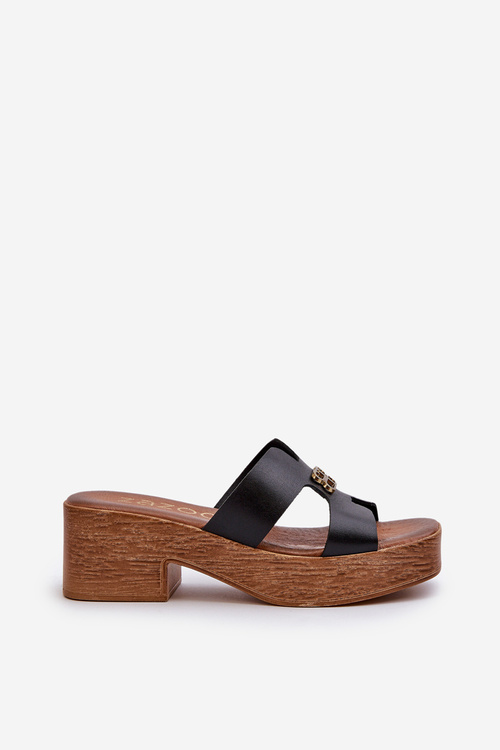 Zazoo 40412 Skórzane Eleganckie Klapki Damskie Ze Złotą Ozdobą Czarne