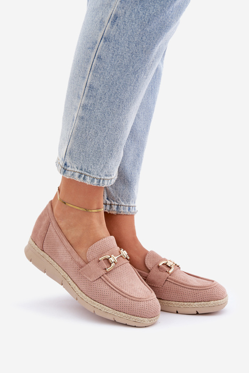 Ażurowe Mokasyny Ze Złotym Detalem I Jutową Plecionką Różowe Lainer