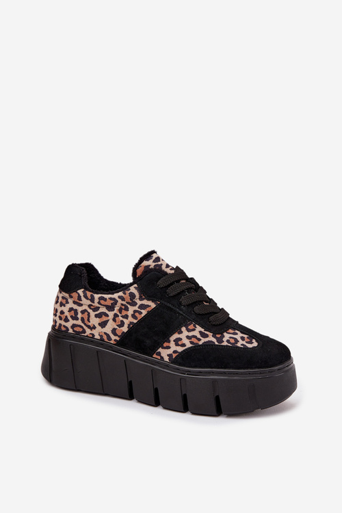 Zamszowe Ocieplane Sneakersy Damskie Na Masywnej Platformie Vinceza 66841 Panterka Czarne