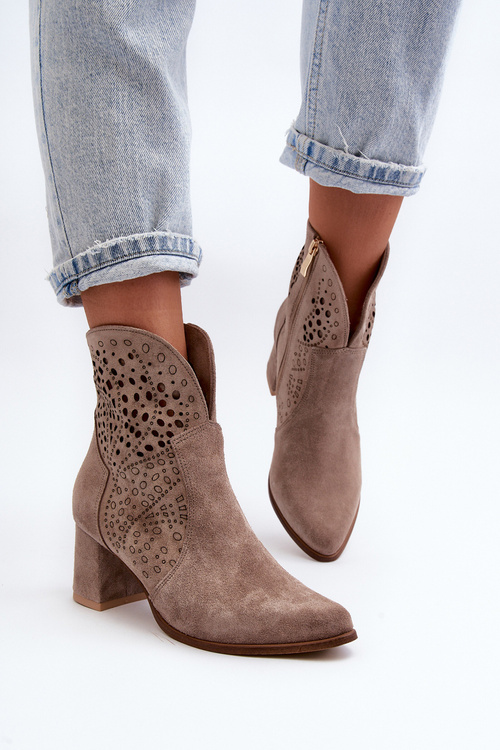 Zazoo 3166/P Damskie Ażurowe Botki Na Obcasie Zamszowe Beżowe