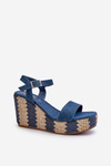 Jeansowe Sandały Damskie Na Koturnie Z Plecionką Niebieskie Reviala