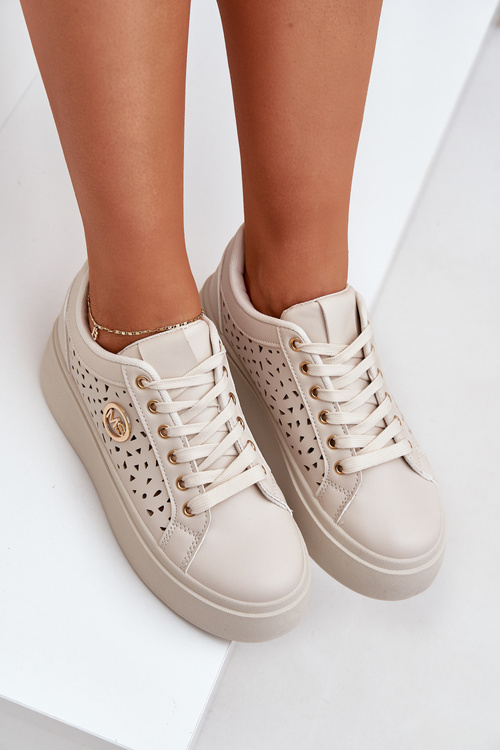 Ażurowe Sneakersy Ze Złotym Detalem Beżowe Cassildi