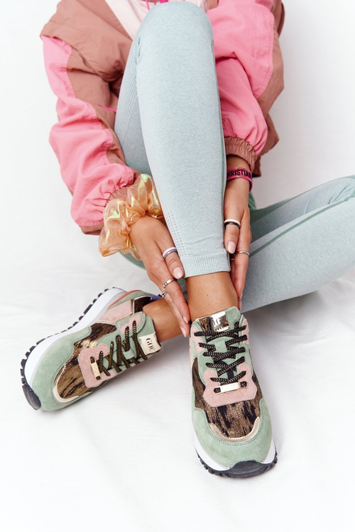 Zamszowe Sportowe Buty Na Platformie GOE HH2N4002 Zielono-Złote