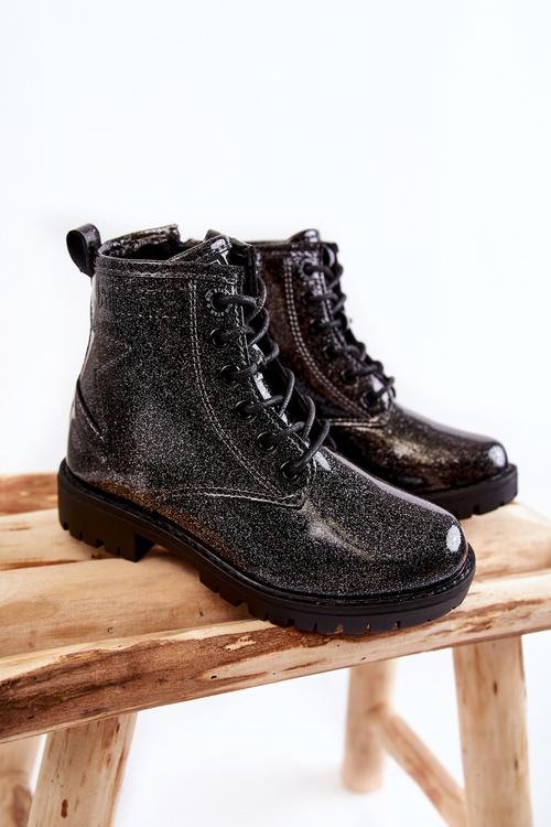 Dziecięce Lakierowane Ocieplane Botki Big Star II374047 Czarno-Srebrne