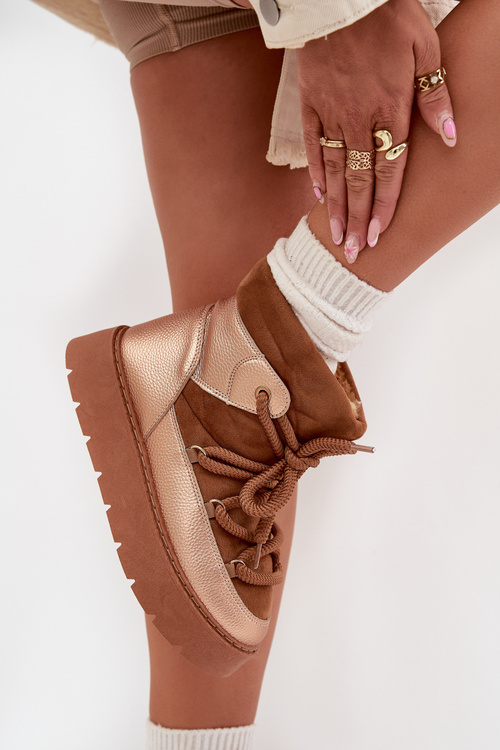 Niskie Śniegowce Damskie Ocieplane Futerkiem Z Grubym Wiązaniem Camel Xarina