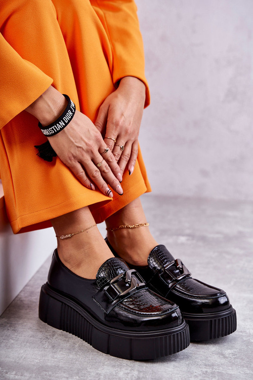 Modne Skórzane Półbuty Na Platformie Czarne Marsol