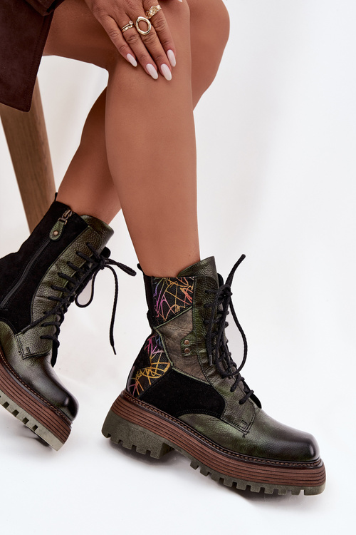 Skórzane Botki Damskie Na Platformie Maciejka 07104-09 Ciemnozielone