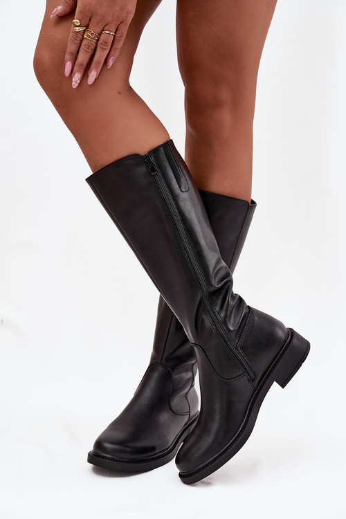 Skórzane Kozaki Damskie Ocieplane Na Płaskim Obcasie Sergio Leone KZ25600-S Czarne