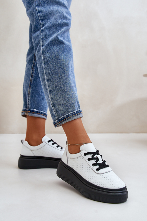 Buty Sportowe Damskie Na Platformie Skóra Naturalna Białe 41470 Vinceza