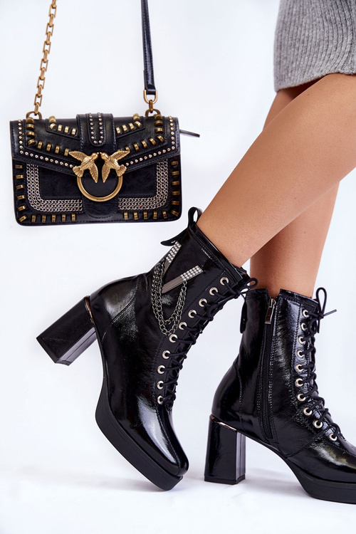 Modne Ocieplane Skórzane Botki Z Ozdobą Czarne Malta