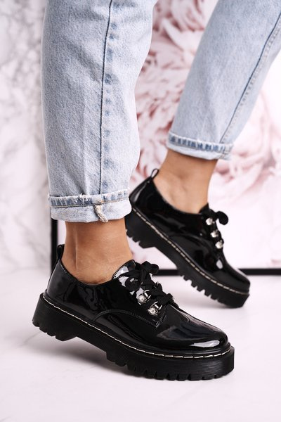 Damskie Półbuty Oxfordy Na Platformie S.Barski HX15 Lakierowane Czarne