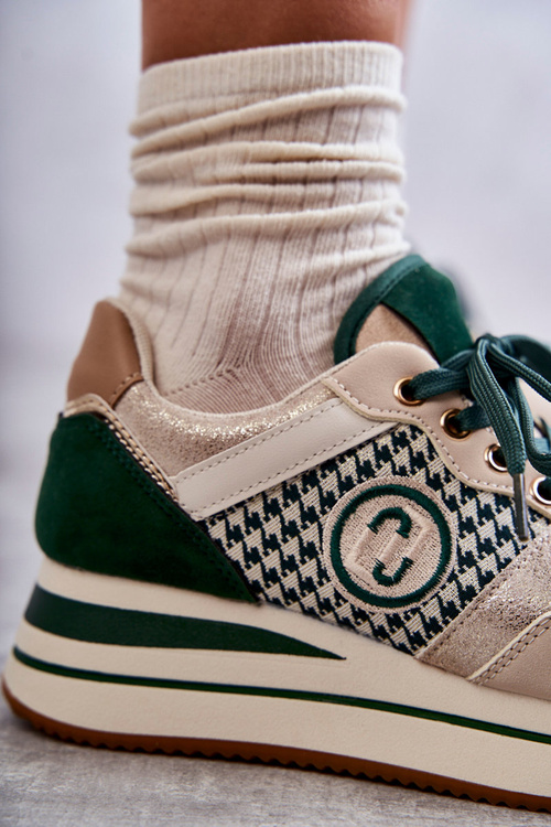 Modne Buty Sportowe Damskie Na Koturnie Beżowo-Zielone Aronne