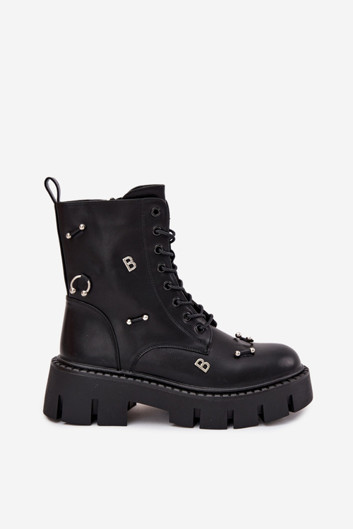 Botki Workery Damskie Z Ozdobami Ocieplane Czarne Lunea