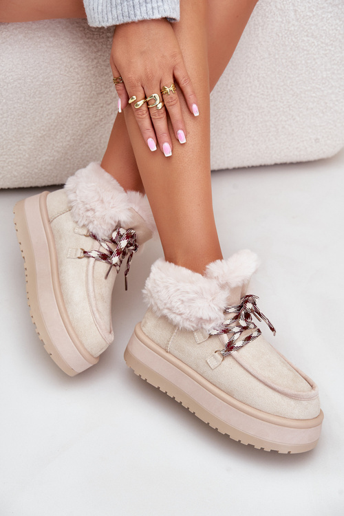 Niskie Śniegowce Damskie Na Platformie Z Futerkiem Jasnobeżowe Neathren