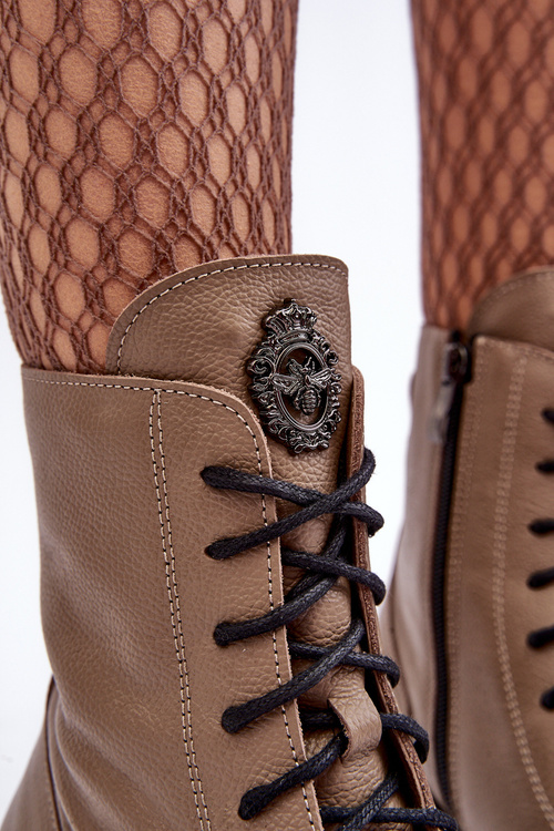 Skórzane Damskie Ocieplane Botki Trapery Lemar Brązowe Rehin