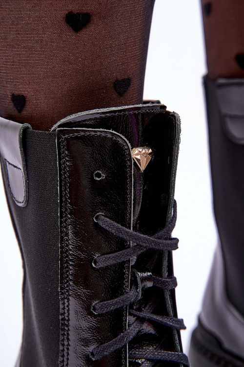 Skórzane Damskie Botki Workery Sznurowane Czarne Nicole 2836