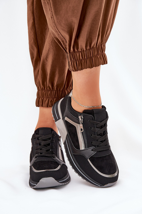 Buty Sportowe Damskie Z Suwakiem Na Platformie Czarne Larys