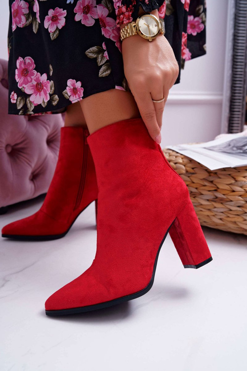Botki Damskie Na Słupku Suwak W Szpic Czerwone Ferol