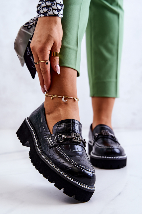 Skórzane Półbuty Wężowe Z Ozdobą Czarne Adison