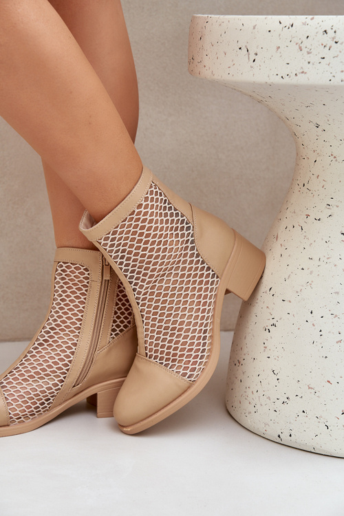 Siateczkowe Botki Damskie Na Obcasie Beżowe Lithyia