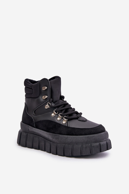 Damskie Ocieplane Botki Trapery Na Platformie Czarne Jelenia