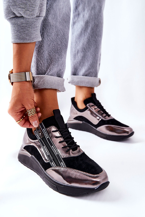 Skórzane Sportowe Buty Sneakersy Czarno Srebrne Minor