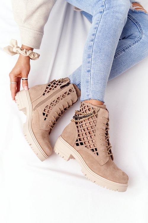 Ażurowe Botki Workery Lewski Shoes 3030-0 Piaskowe