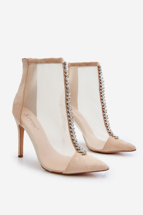 Modne Damskie Botki Na Szpilce Z Siateczką Beżowe Rummi