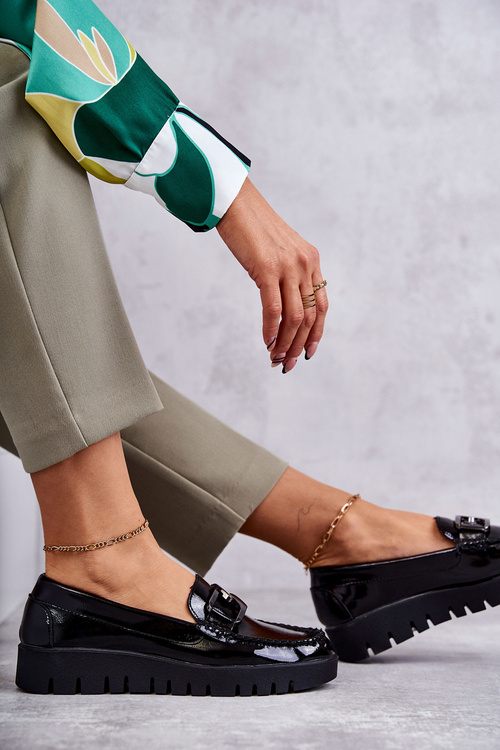 Lakierowane Półbuty Loafery Na Platformie Czarne Kjersti