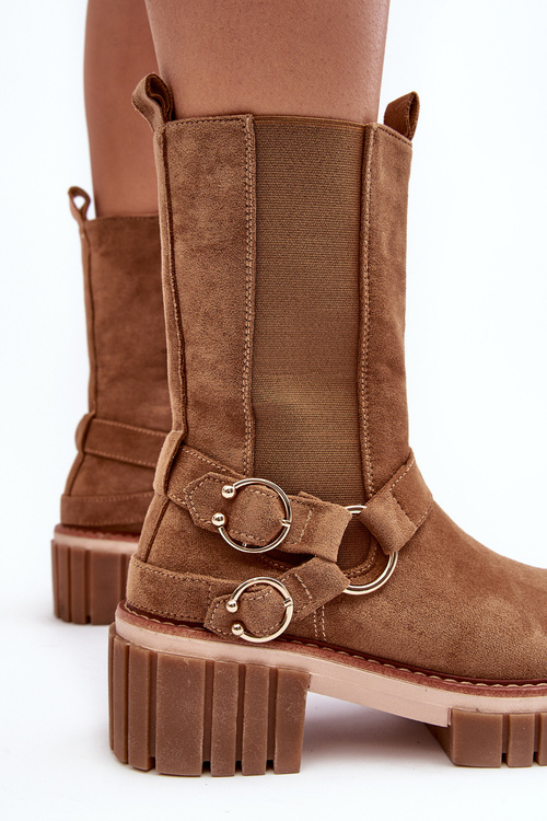 Damskie Zamszowe Ocieplane Botki Workery Camel Brinnon