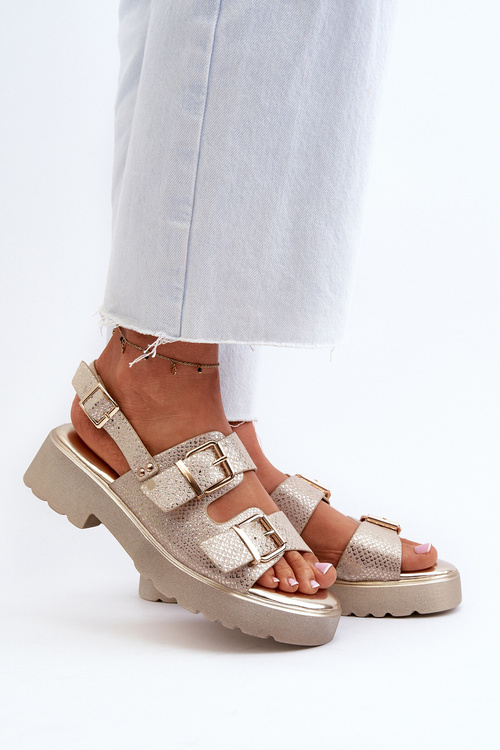 Sandały Damskie Z Klamrami Eko Skórzane Złote Konanttia