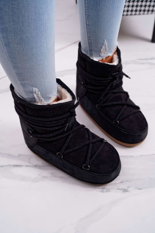 Damskie Botki Śniegowce Ocieplane Futerkiem Czarne Veme