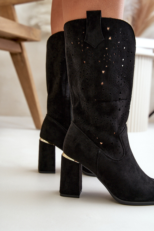 Ażurowe Botki Damskie Na Słupku Z Noskami W Szpic Eko Zamszowe Czarne Nevithra
