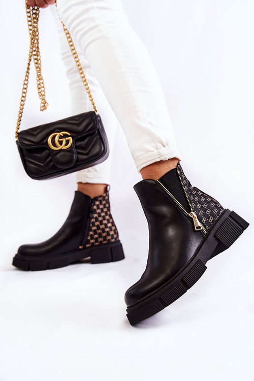 Damskie Botki Skórzane Z Ozdobnym Zamkiem Czarne Lorra