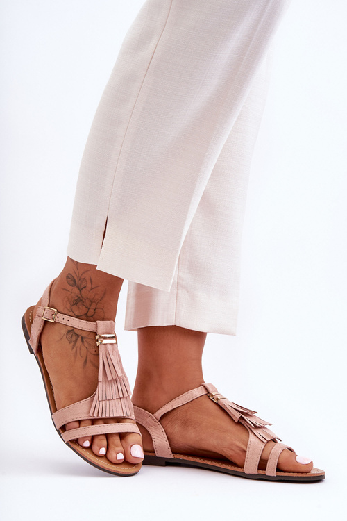 Płaskie Zamszowe Sandały Z Frędzlami Jasnoróżowe Viva