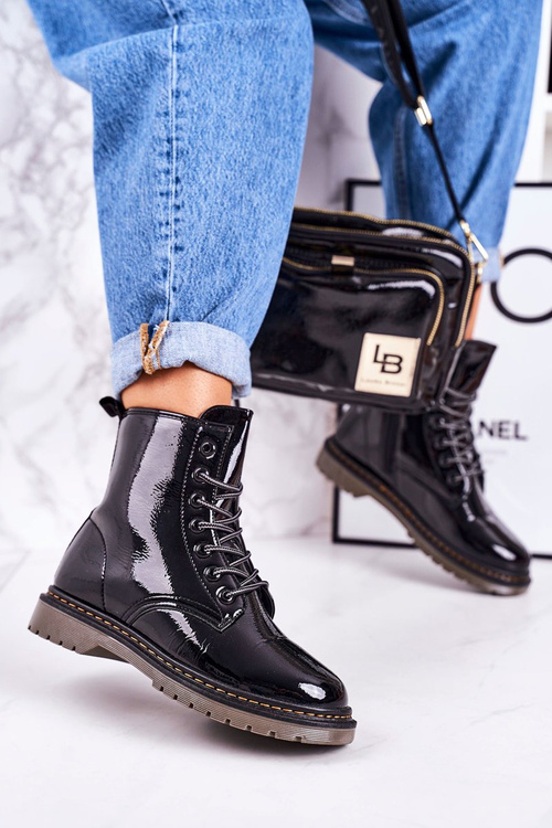 Damskie Ocieplane Trapery Glany Lakierowane Czarne Thunder