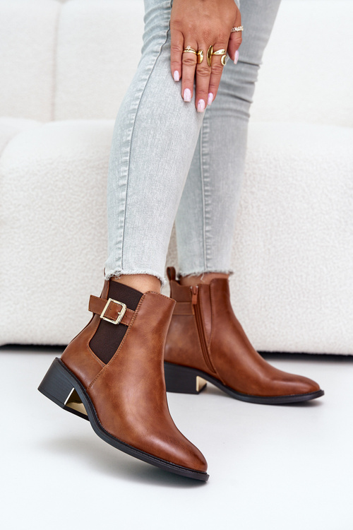 Botki Sztyblety Damskie Na Niskim Obcasie Ze Złotą Klamrą Camel Vomera