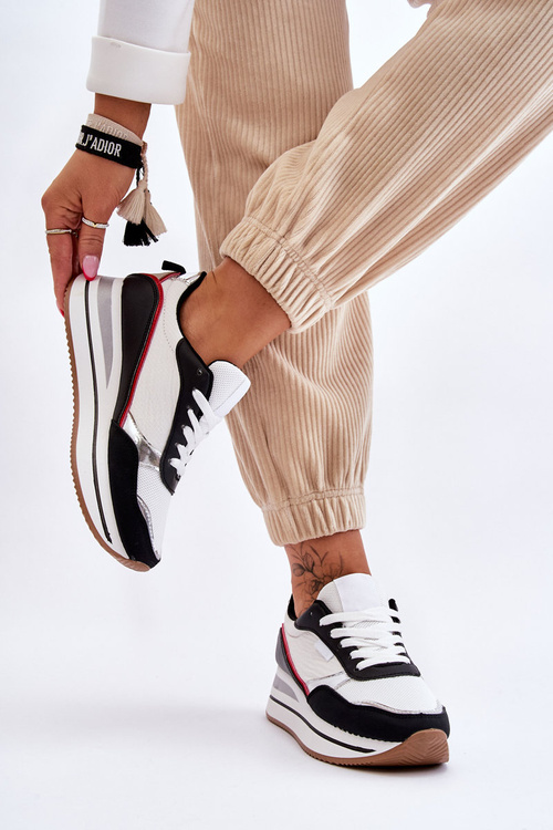 Damskie Buty Sportowe Na Koturnie I Platformie Biało-Czarne Allen