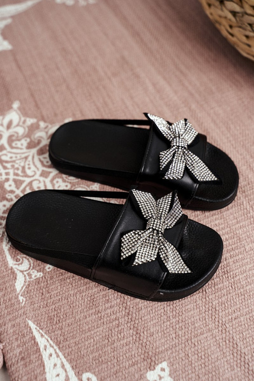 Dziecięce Klapki Dziewczęce Czarne Cyrkonie Kokardka Jomoga