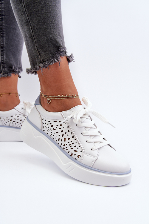 Ażurowe Sneakersy Damskie Na Platformie Skórzane Białe Peilaeno