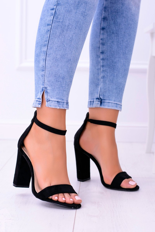 Damskie Czarne Sandały na Słupku Zamsz Mondela