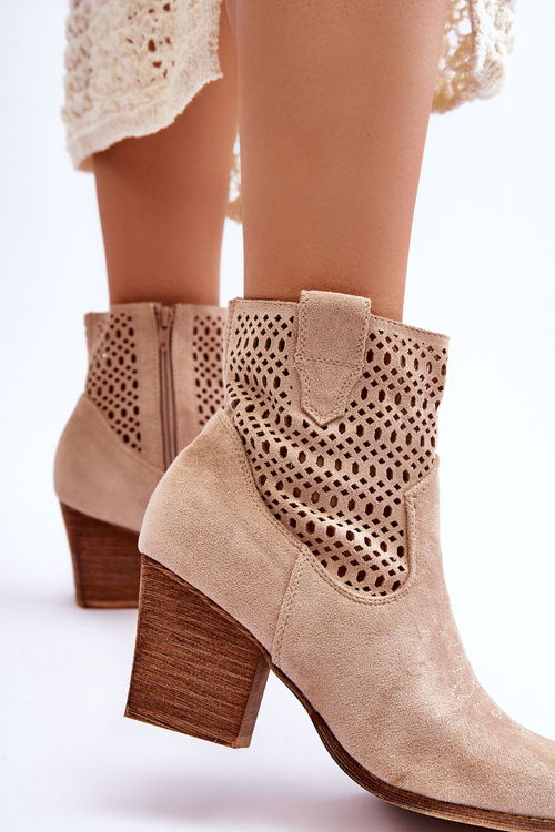 Damskie Zamszowe Kowbojki Botki Na Słupku Beżowe Norvella